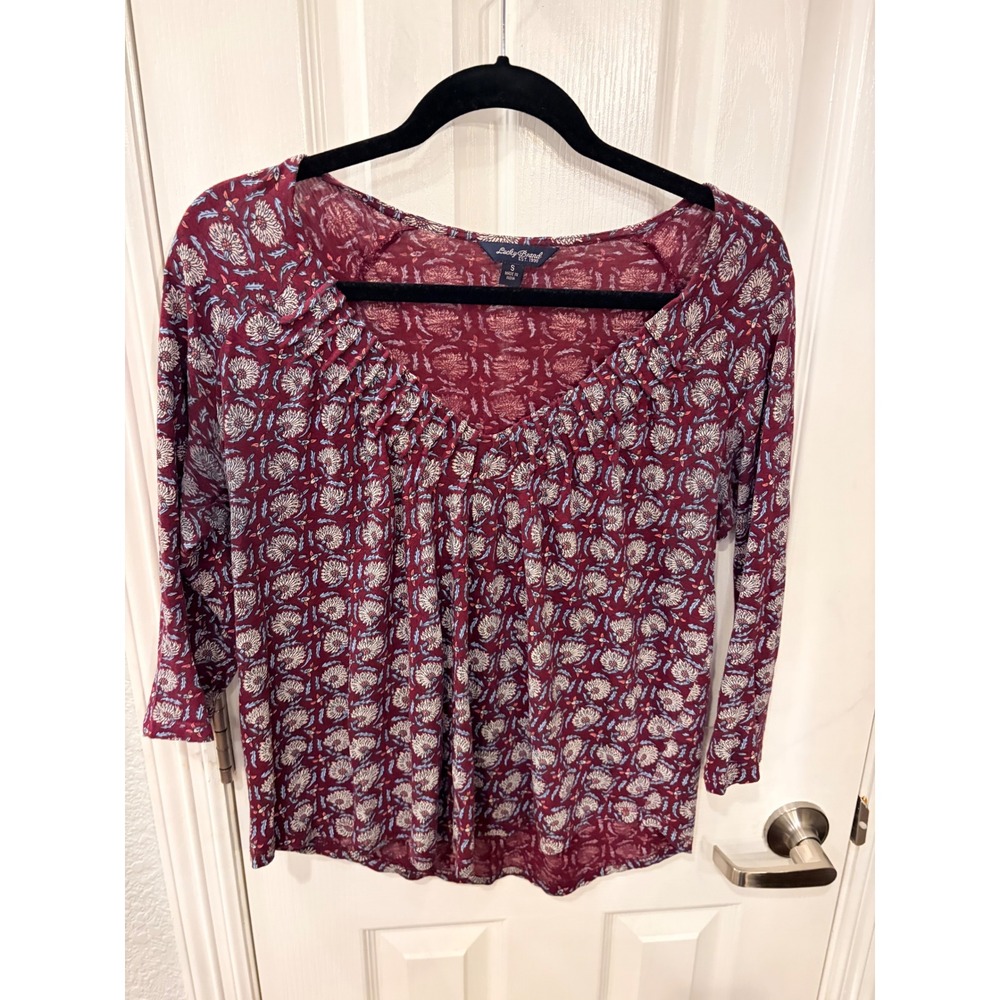 Lucky Brand Blouse Burgundy Floral Pleated V-Neck 3/4 Sleeve Boho Top